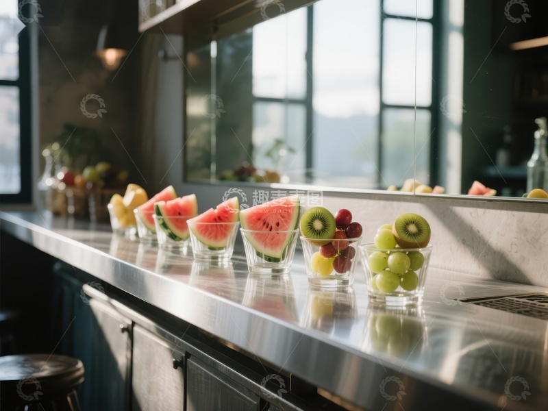 高清大图下载【趣麦麦图】厨房吧台上的新鲜水果杯