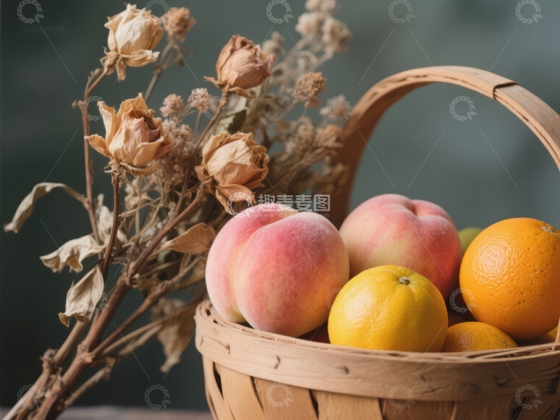 高清大图下载【趣麦麦图】篮中水果与干花静物