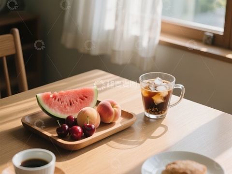 早餐桌上摆放的水果与饮品