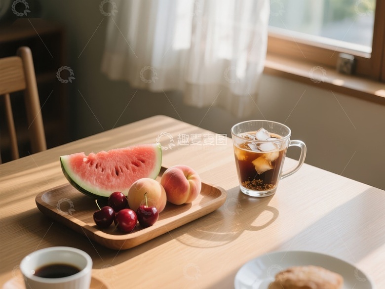 早餐桌上摆放的水果与饮品