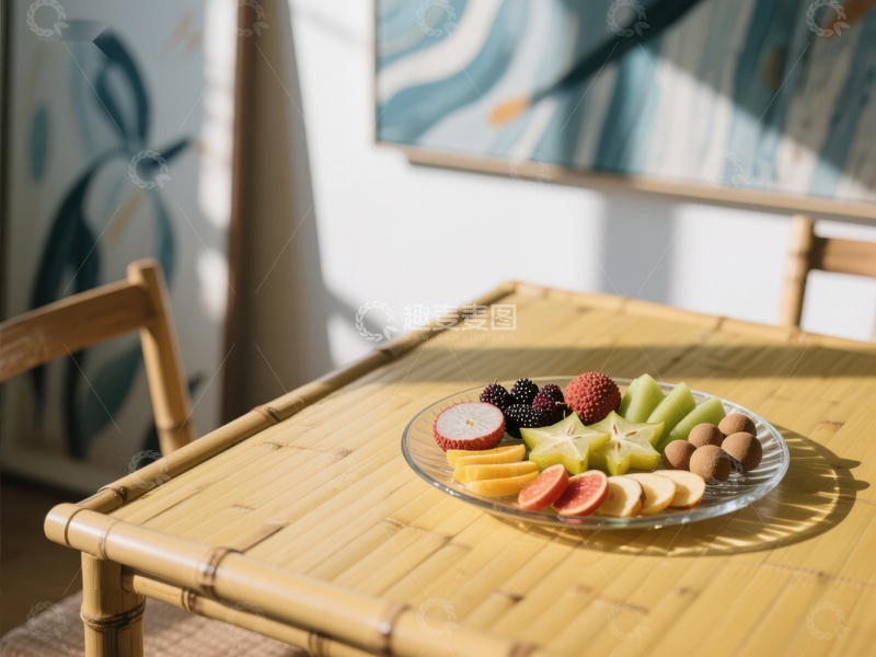 高清大图下载【趣麦麦图】竹桌上的新鲜水果拼盘