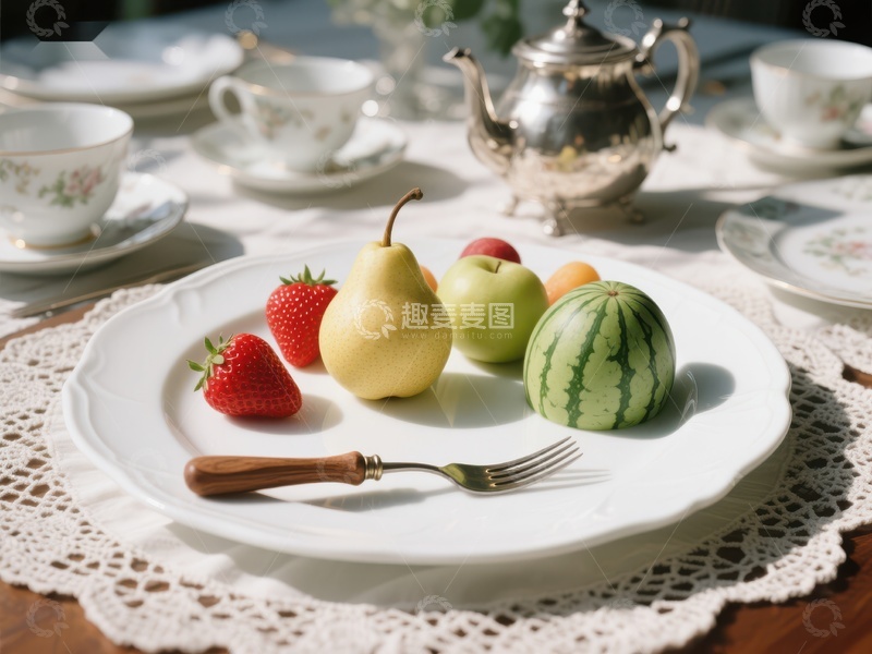 高清大图下载【趣麦麦图】精致餐桌上的水果与茶具