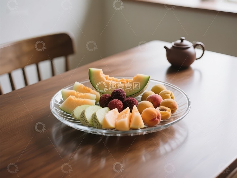 桌上摆放的水果拼盘与茶壶