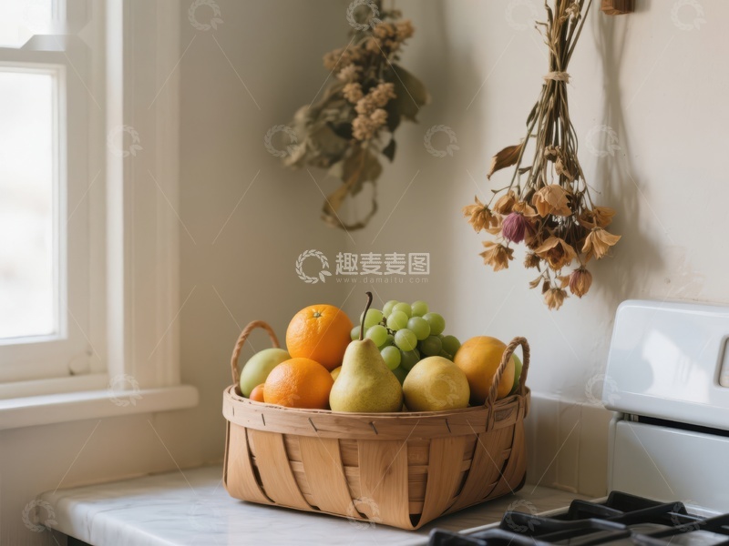 高清大图下载【趣麦麦图】窗边果篮与干花装饰