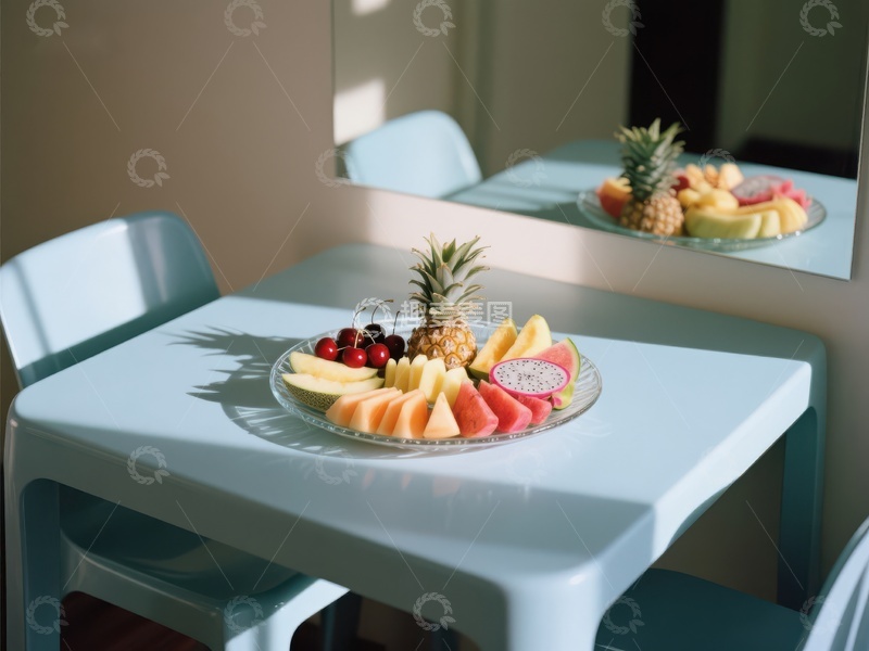 高清大图下载【趣麦麦图】色彩缤纷的水果拼盘置于简约餐桌