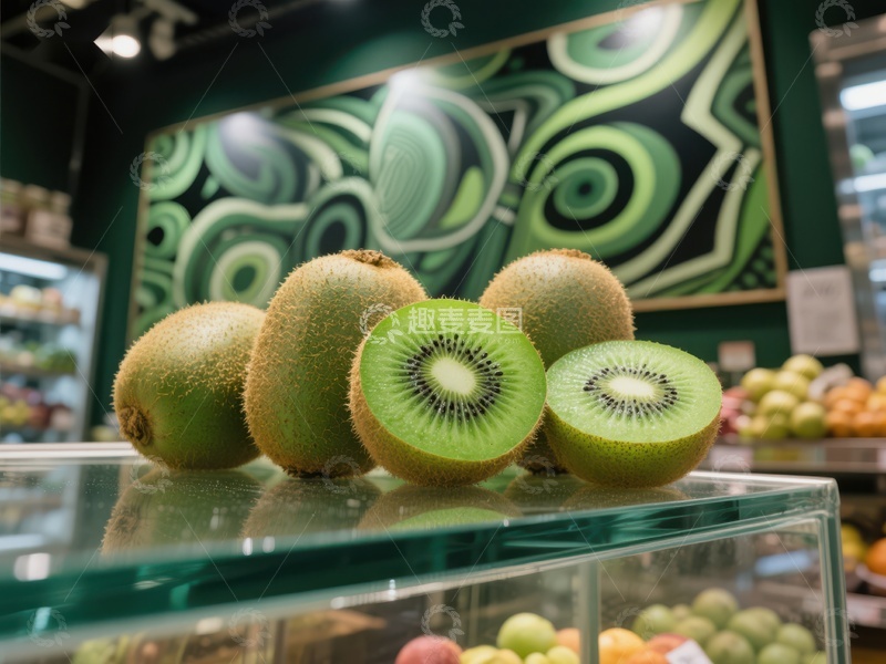 高清大图下载【趣麦麦图】新鲜猕猴桃展示在超市货架上