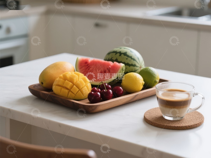 高清大图下载【趣麦麦图】厨房台面摆放新鲜水果与咖啡