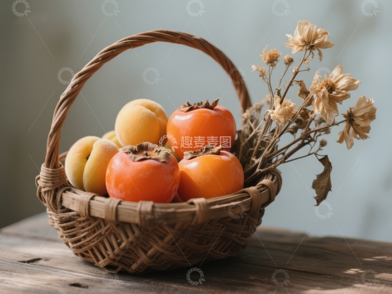 高清大图下载【趣麦麦图】篮子里的柿子与干花