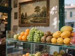 水果展示柜与油画背景