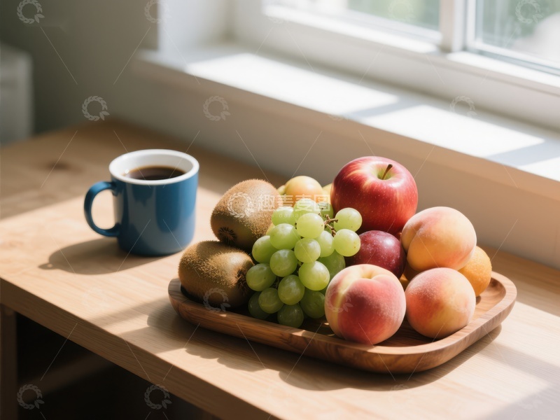 高清大图下载【趣麦麦图】窗边水果盘与咖啡杯