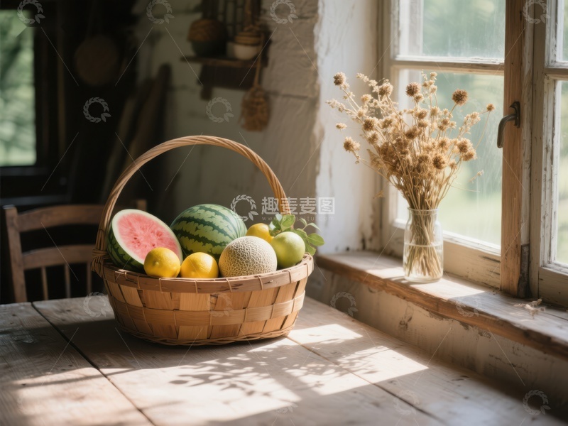 高清大图下载【趣麦麦图】窗边果篮与干花静景