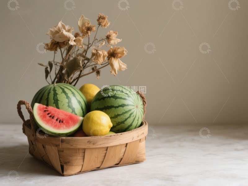 高清大图下载【趣麦麦图】篮子里的西瓜与柠檬