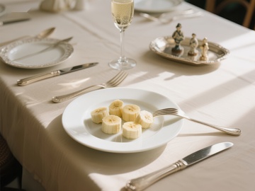 精致餐桌上的香蕉片早餐