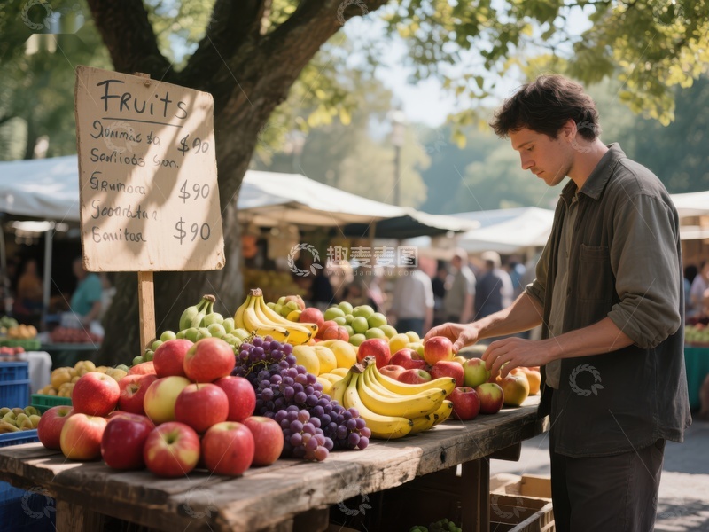 市场摊位前挑选水果的男子