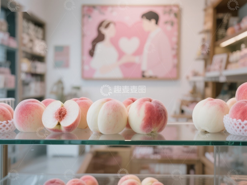 高清大图下载【趣麦麦图】桃子陈列于玻璃架上，背景为粉色艺术画