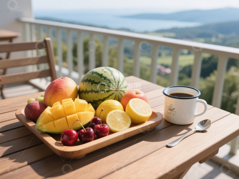 高清大图下载【趣麦麦图】阳台上的水果早餐与美景
