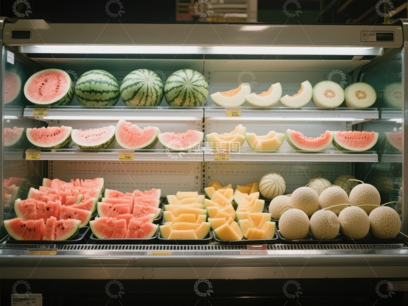 高清大图下载【趣麦麦图】冷藏柜中的新鲜切片水果展示