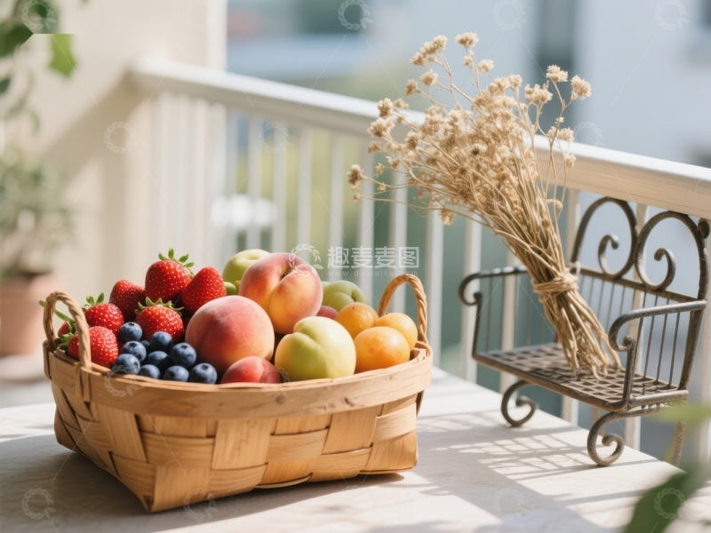高清大图下载【趣麦麦图】阳台上的水果篮与干花装饰