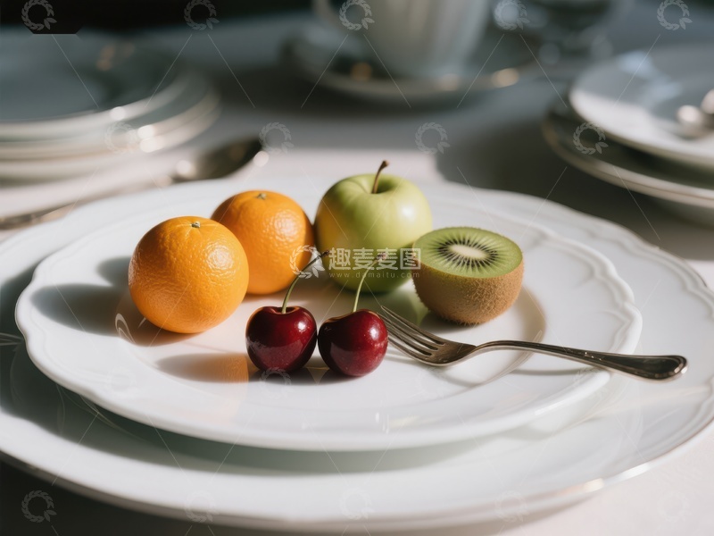 高清大图下载【趣麦麦图】水果盘上的橙子、苹果、猕猴桃和樱桃