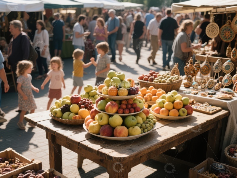 高清大图下载【趣麦麦图】集市摊位展示新鲜水果与手工艺品