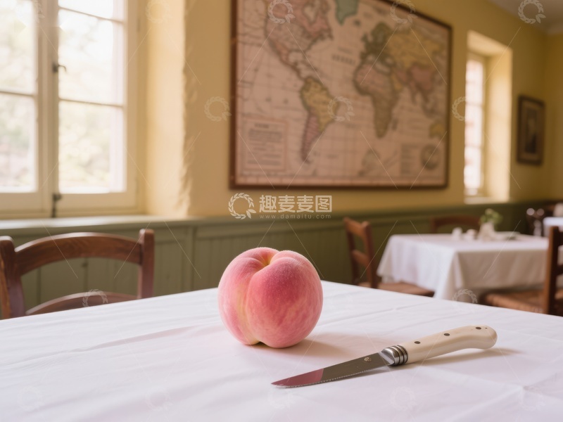 高清大图下载【趣麦麦图】桃子与刀置于餐桌之上