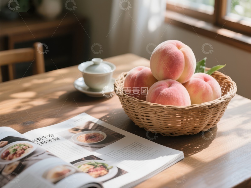 高清大图下载【趣麦麦图】桌上桃子与茶具的静谧时光