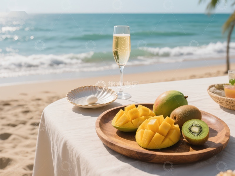 高清大图下载【趣麦麦图】海滩上的热带水果与香槟