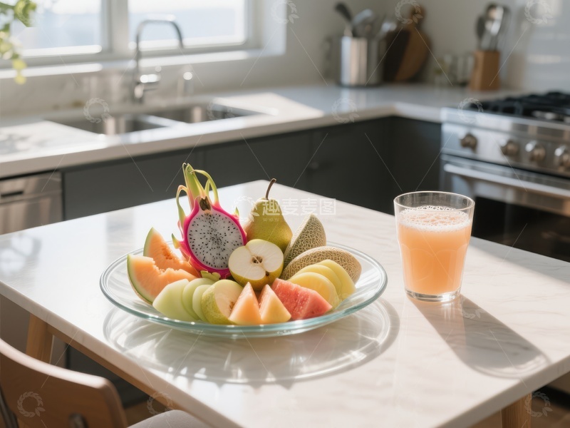 高清大图下载【趣麦麦图】厨房台面摆放新鲜水果拼盘与果汁