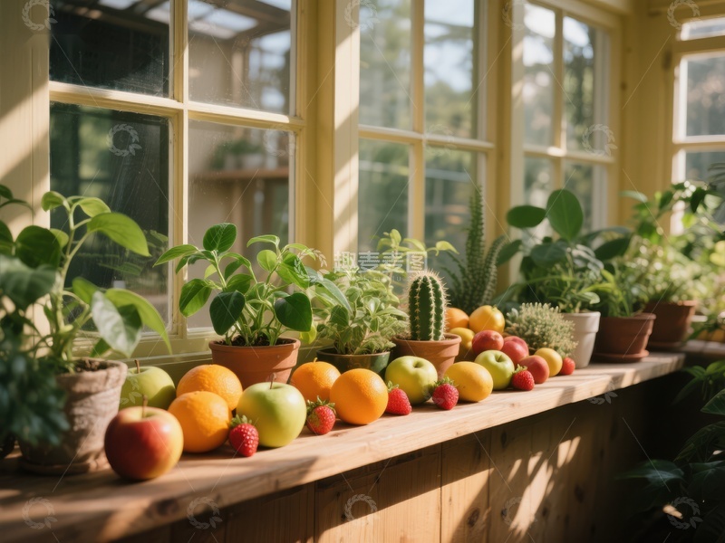 高清大图下载【趣麦麦图】窗台上的绿植与水果