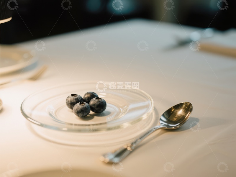高清大图下载【趣麦麦图】透明盘中的蓝莓与银勺