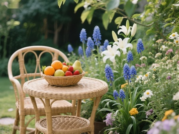 花园中的藤椅与水果篮