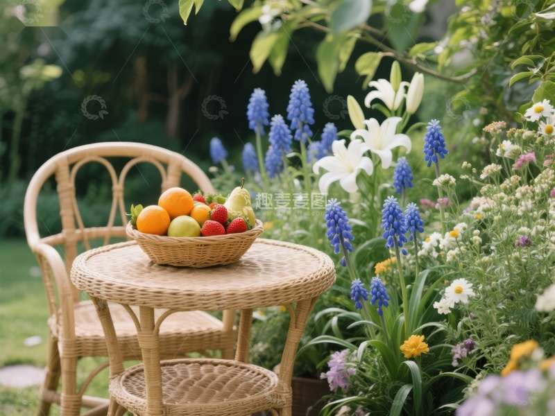 高清大图下载【趣麦麦图】花园中的藤椅与水果篮