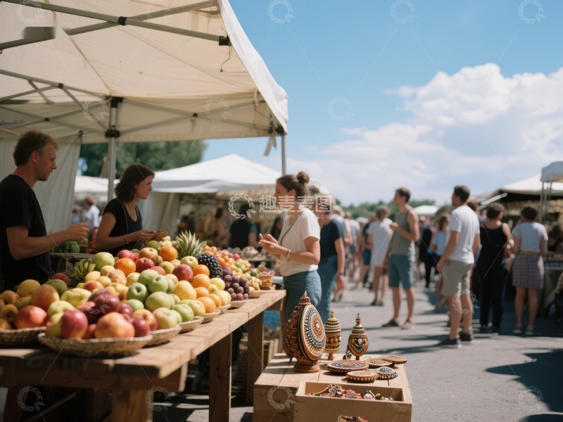 户外市场水果摊位热闹场景