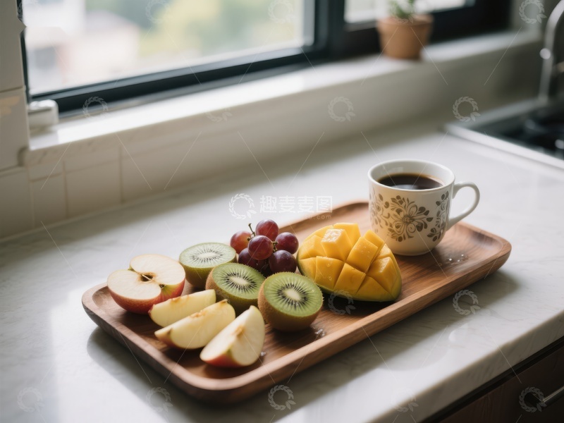 高清大图下载【趣麦麦图】厨房窗边的水果拼盘与咖啡