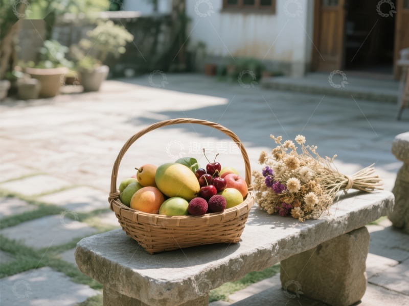 高清大图下载【趣麦麦图】石凳上的水果篮与干花