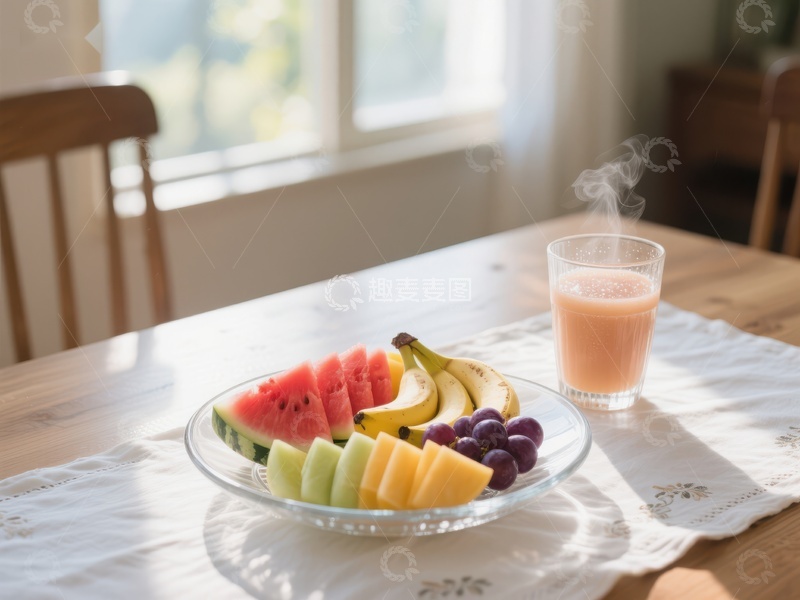 高清大图下载【趣麦麦图】新鲜水果拼盘与热饮的早餐场景