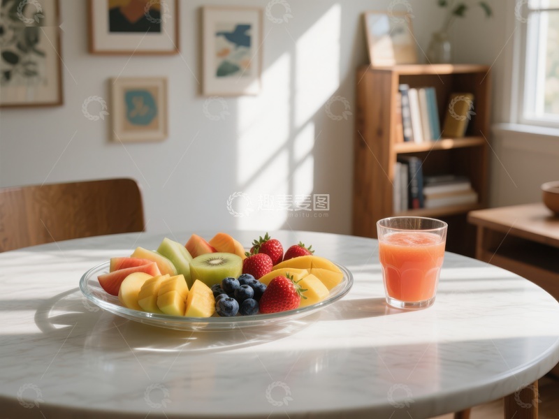 高清大图下载【趣麦麦图】阳光下的水果拼盘与果汁