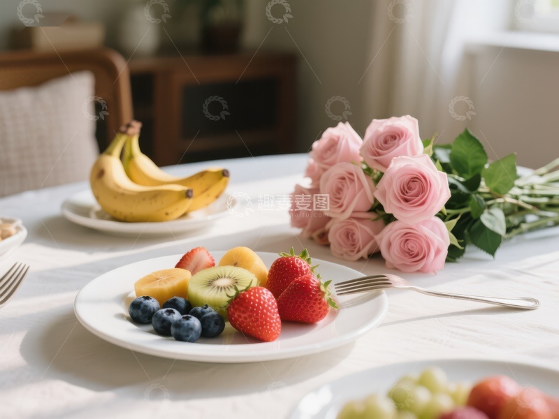 高清大图下载【趣麦麦图】早餐水果盘与粉色玫瑰花