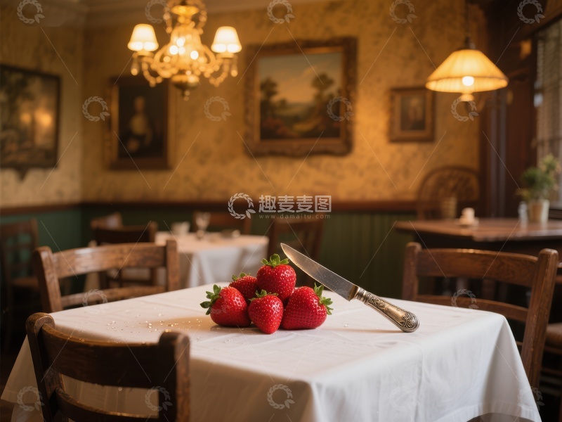 高清大图下载【趣麦麦图】餐厅餐桌上的草莓与刀具