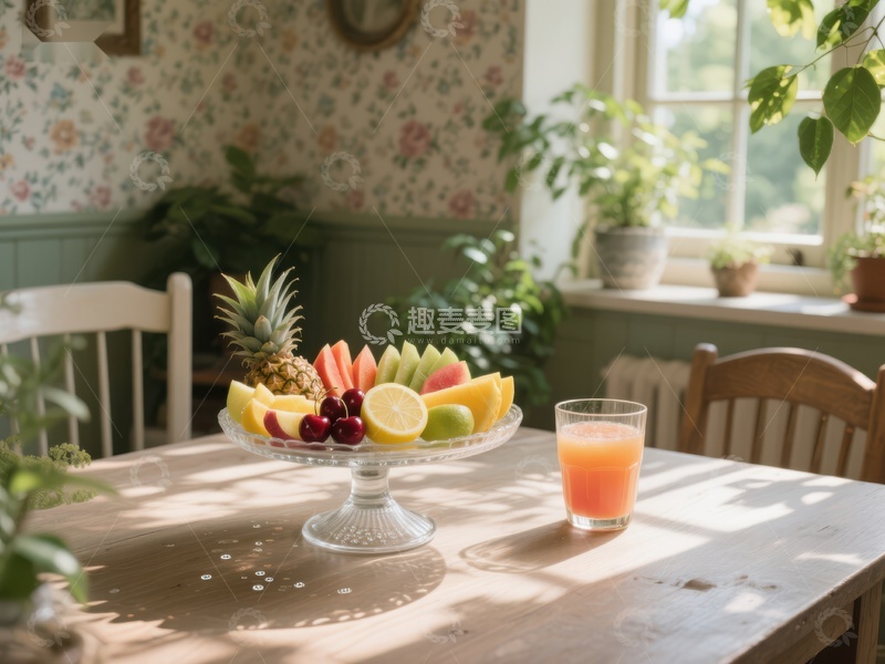 高清大图下载【趣麦麦图】阳光洒落的餐桌与新鲜水果