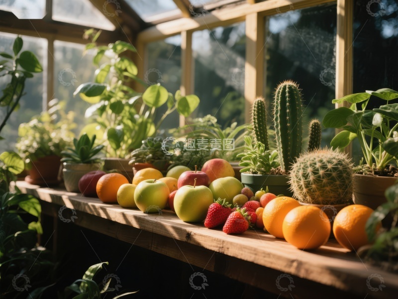 高清大图下载【趣麦麦图】温室窗台上的水果与多肉植物
