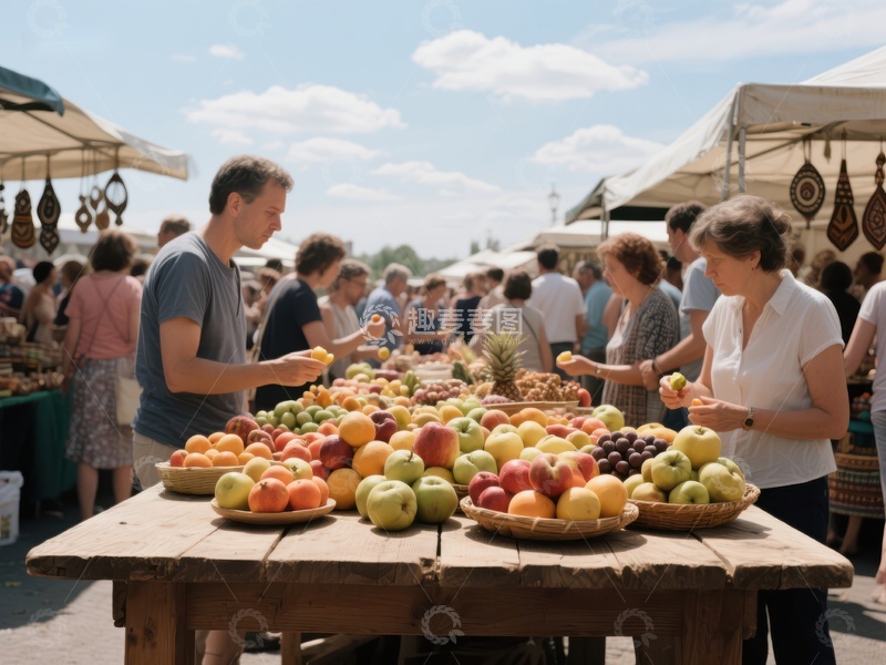 高清大图下载【趣麦麦图】集市摊位前的水果交易
