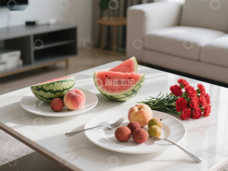 高清大图下载【趣麦麦图】客厅茶几上的水果与鲜花