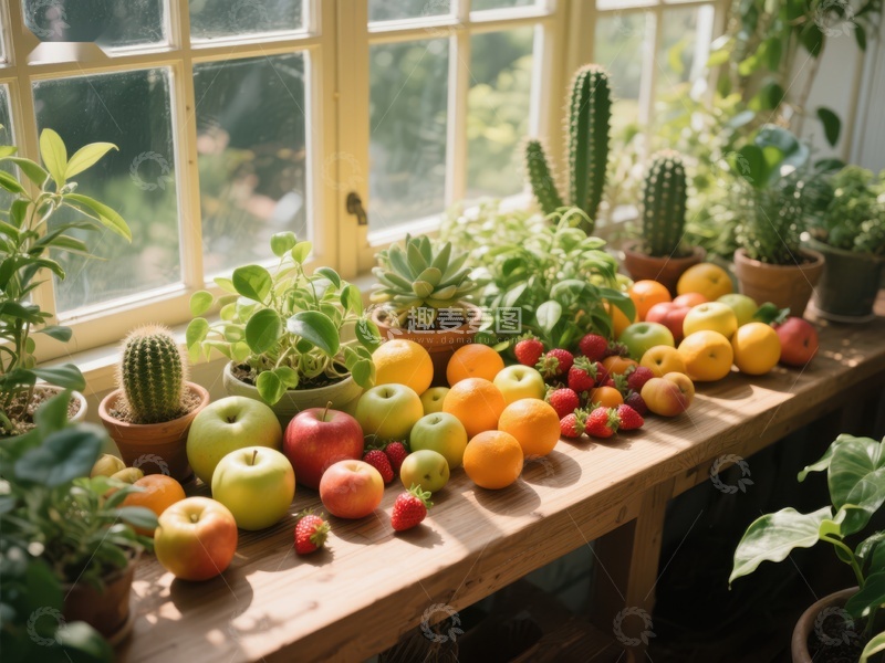 高清大图下载【趣麦麦图】窗边的水果与绿植