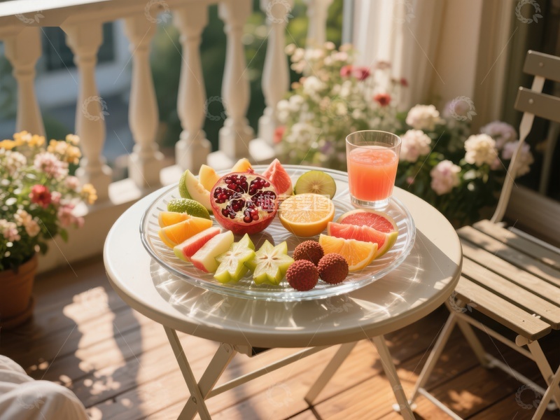 高清大图下载【趣麦麦图】阳台上的水果拼盘与花香