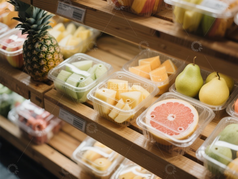 高清大图下载【趣麦麦图】新鲜水果切块陈列在木质货架上