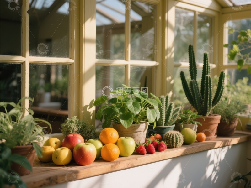 高清大图下载【趣麦麦图】窗台上的绿植与水果