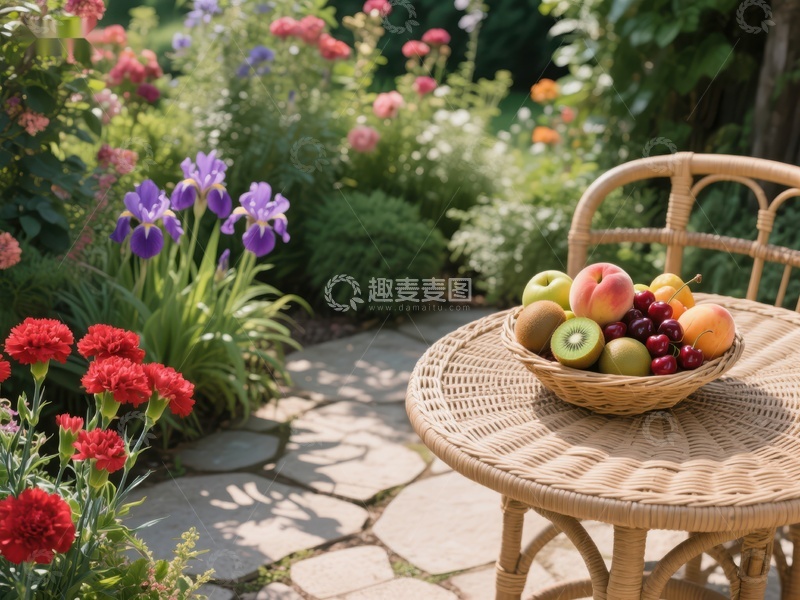 高清大图下载【趣麦麦图】花园里的水果篮与藤椅
