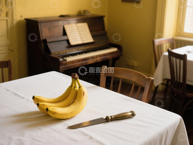 高清大图下载【趣麦麦图】餐桌上的香蕉与钢琴
