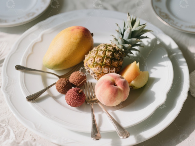 高清大图下载【趣麦麦图】盘中热带水果与餐具的静物组合